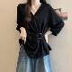 High-end black V-neck long-sleeved shirt for women in spring and summer large size fat mm irregular waist-hugging temperament unique top