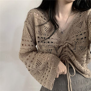 Summer long sleeved ice silk sun protection top, thin Hong Kong style hollowed out knit air conditioning cover up, suspender skirt, and small shawl over