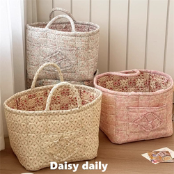 Floral pastoral style home fabric soft quilted storage basket underwear toys sundry portable machine washable dirty clothes basket
