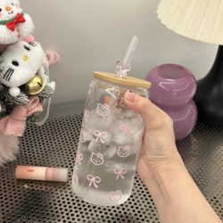 High Borosilicate Glass Cup with Cartoon Kt Cat Design, Lid, Bow Tie, Straw, Desktop Use, Bamboo Lid Cup, Student Use, High Temperature Resistant