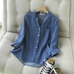 Clearance Sale~ Thin Tencel Denim Shirt for Women, V-Neck, Three-Quarter Sleeves, Loose Fit, Plus Size, Casual Base Shirt