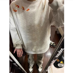 重磅纯棉欧货美式设计感圆领卫衣男2025新款潮牌宽松加绒加厚上衣