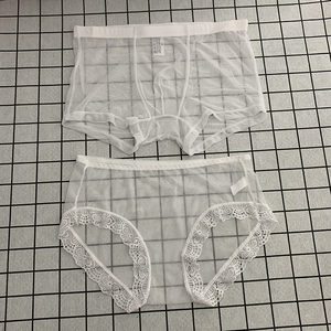 Couple underwear transparent pair of thin lace mesh sexy ice silk silk skid flat corner triangle triangular puzzle and breathable