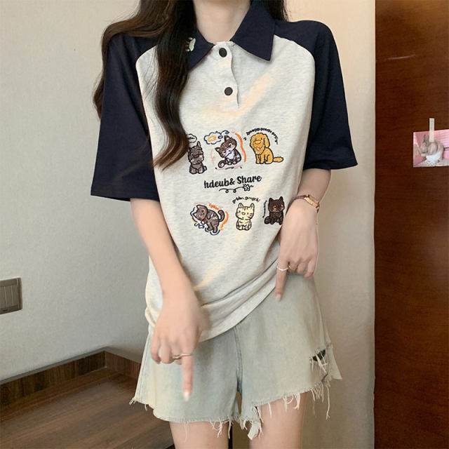 Cotton new POLO lapel stitching tide brand short -sleeved T -shirt women loose cartoon embroidery half -sleeved shirt