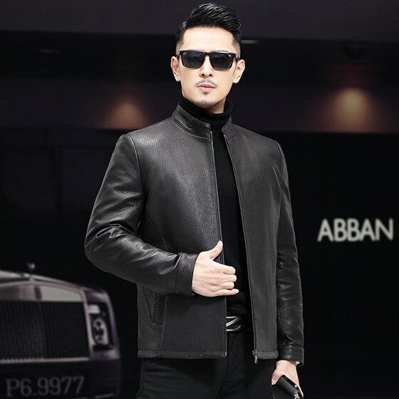 Haining Leather Men's First-layer Goatskin Down Jacket Removable Liner Leather Jacket Middle-aged Stand-up Collar Leather Jacket