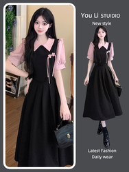 Plus-Size Women's Hepburn-Style French Patchwork Faux Two-Piece Short-Sleeve Dress, Summer Tummy-Concealing, Waist-Slimming, Slimming Long Dress