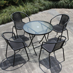 Outdoor Foldable Tables and Chairs, Imitation Rattan, Outdoor Open-Air Simple Balcony Small Coffee Table, Waterproof and Sun-Proof Table, Chair and Umbrella Set