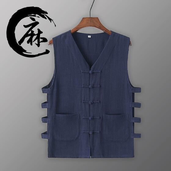 Old man's vest summer casual linen vest waistcoat and linen undershirt men's retro buckle Chinese mandarin sleeveless shirt
