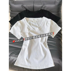Trendy and Unique V-Neck Pure Cotton Short-Sleeve T-Shirt for Women, Summer Style, Cropped, Waist-Cinching, Slim-Fit, Versatile Top