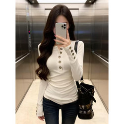 Buttoned Thermal Base Layer Top for Women, Autumn and Winter, Short Style, Slim Fit, Brushed Fabric, Fleece-Lined, Warm T-Shirt