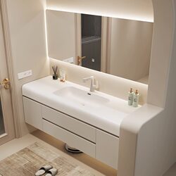 Light Luxury Cream-Colored Skin-Friendly Integrated Washbasin Bathroom Cabinet Set, Ceramic Washbasin, Solid Wood Vanity