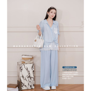 
Maodan [Mint White Qiao] maternity wear summer new arrival sweet and fresh fake two-piece short-sleeved top and pants suit