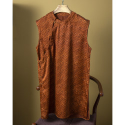 Ready stock Xiangyunsha silk jacquard Ao Dai mid-length sleeveless diagonal placket vest top for women 100% mulberry silk