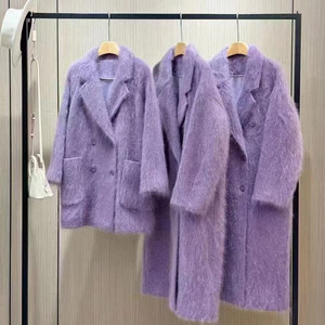 Silk art tripod grade 'fur coat' 100% pure cashmere brushed coat mid-length silhouette jacket double-breasted buttons