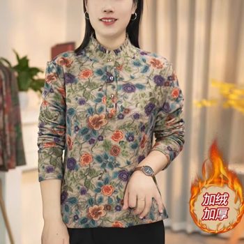 
Fashionable mother's outfit stand-up collar fungus edge velvet bottoming shirt autumn new fashion style middle-aged warm thickened T-shirt for women