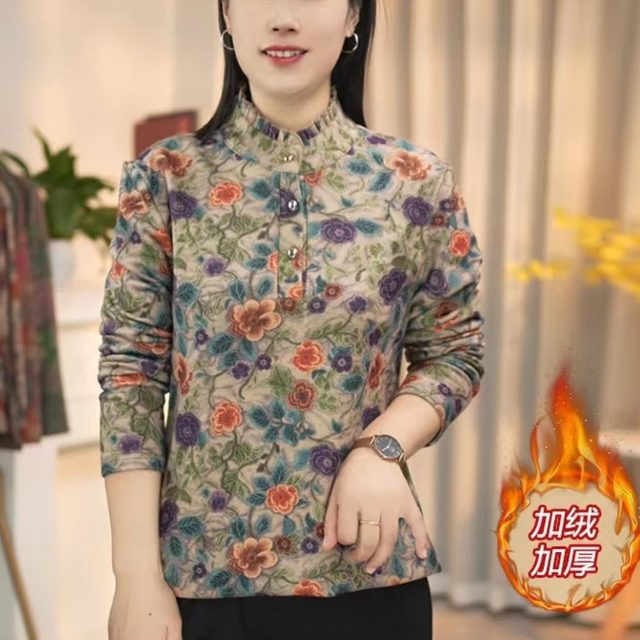
Fashionable mother's outfit stand-up collar fungus edge velvet bottoming shirt autumn new fashion style middle-aged warm thickened T-shirt for women
