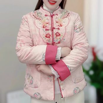 
Chinese retro embroidery national style cotton coat stand collar plate buckle thickened quilted jacket winter national style top for middle-aged and elderly women