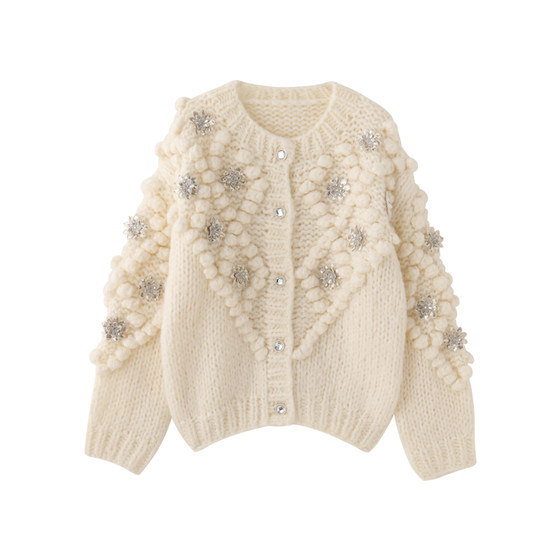 Lazy style heavy industry studded round neck coat for women thickened 2026 early spring new short loose sweater cardigan