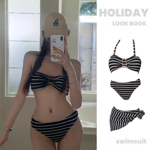 Women's 2025 new sexy striped internet celebrity style bikini small breasts gathered split triangle hot spring swimsuit