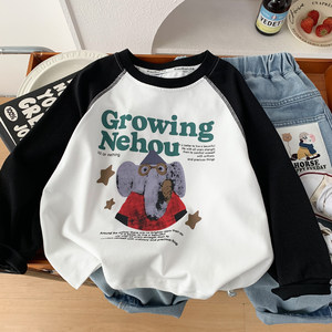 
Boys' pure cotton long-sleeved T-shirt, spring and autumn style, stylish bottoming shirt for small and medium-sized children, thin raglan sleeves, cartoon printed trendy T-shirt