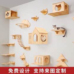 All-Solid Wood Wall-Mounted Cat Climbing Frame DIY Free Combination Wall-Mounted Cat Nest Jumping Platform with Cat Scratching Board and Scratching Post