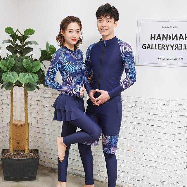 
Korean diving suit split long sleeve trousers skirt swimsuit for women couple sun protection surfing suit men plus large size