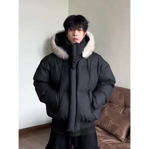 Black short fur collar down jacket men's winter thickened warm workwear cotton coat jacket hooded couple parka cotton coat