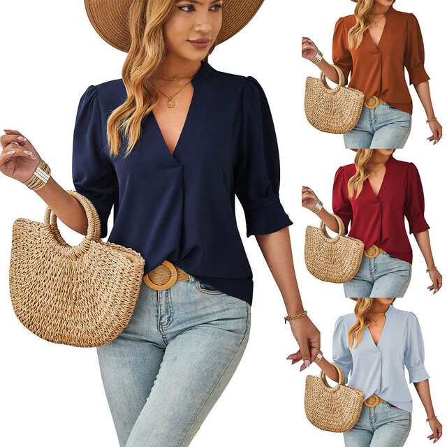 Cross-border European and American women's clothing 2024 Amazon Spring and Summer New Solid Color V-neck Mid Sleeve Comfortable Breathable Casual Top 723
