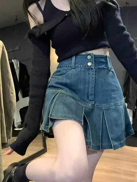 Retro high waist denim a-line shorts for women large size fat mm hot girl skirt washing cotton commuting pleated short skirt