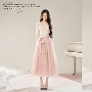 
BB BLUE/Swan Dream/French gold ballet long-sleeved high-waist textured lace mesh dress