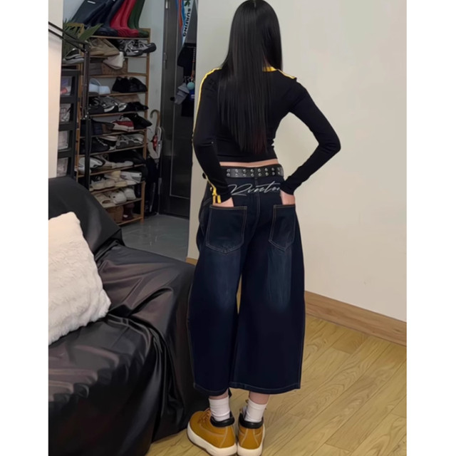 Large size fat mm American back embroidered scimitar pants jeans for women's summer new wide-leg cropped pants shorts