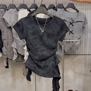 
Large size fat MM American hot girl irregular hem tie-dyed short-sleeved T-shirt for women in summer slim and slim streamer top