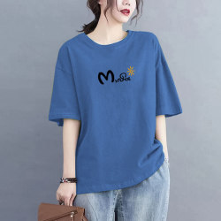 100% Pure Cotton Summer Short-Sleeved T-Shirt, Korean Style, Loose, Casual, Fashionable, Versatile, Half-Sleeved, Large Size, Women's Round Neck Top