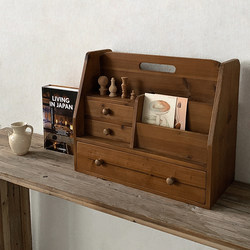 Zakka Retro Storage Box Made of Solid Wood, Japanese-Style Desktop Organizer for Miscellaneous Items, Small Cards, Multifunctional with Drawers