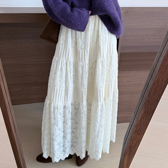 
Ladylike style thickened brushed lace skirt 2025 new autumn Korean style versatile casual age-reducing umbrella skirt for women