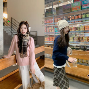 
12/8 20:00 Strawberry Marshmallow Solid color lazy loose warm slimming slightly brushed pullover sweater