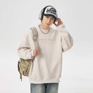 悟空有货潮牌美式字母印花麂皮绒圆领卫衣男复古宽松情侣打底上衣