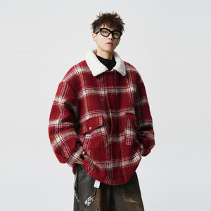 
Wukong has in stock trendy brand winter plaid lamb velvet lapel cotton coat for men, American loose, warm and versatile cotton coat for couples.