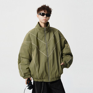 
Wukong is in stock, trendy brand winter reflective strip spliced stand-up collar cotton coat for men, retro couple, loose, warm and versatile cotton coat