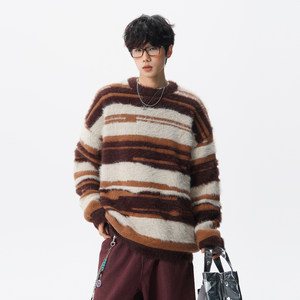 
Wukong is in stock, retro mohair striped round neck sweaters for men and women, loose casual and versatile sweaters for autumn couples.