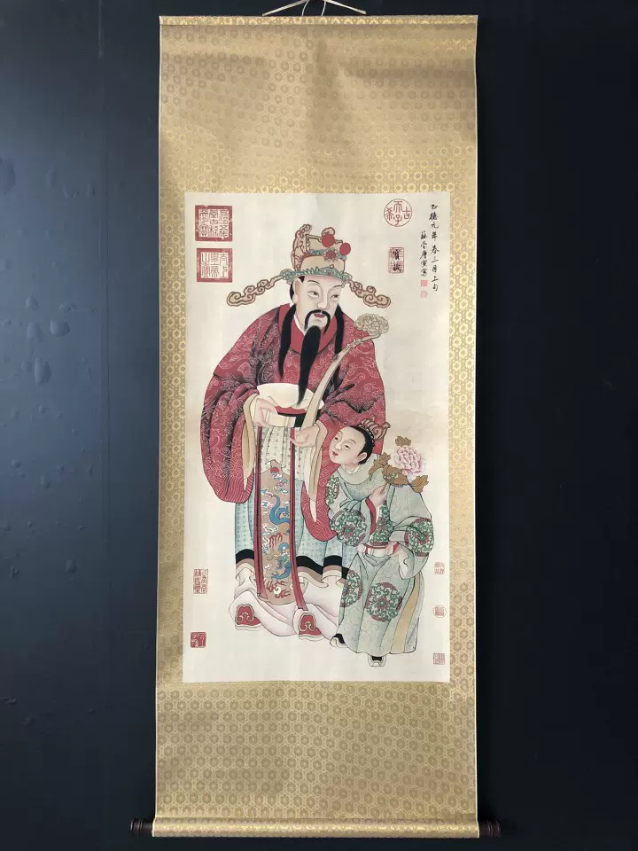 中国古美術・旧藏・明代風・唐寅款・人物図・手描き中堂画・宣紙・掛軸・書画・骨董 大幅掛軸 唐寅『美人画 古画』中国画 絹本 肉筆 紙箱付 掛け軸