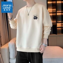 Jeanswest Men's Trendy Sweatshirt Spring New American Style Heavyweight Crew Neck Pullover Base Shirt Casual Long-Sleeve Top