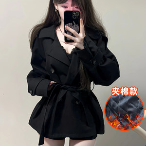 
iqcq balloon bear pure desire style double-breasted windbreaker for women's autumn new black lace-up waist slimming short jacket