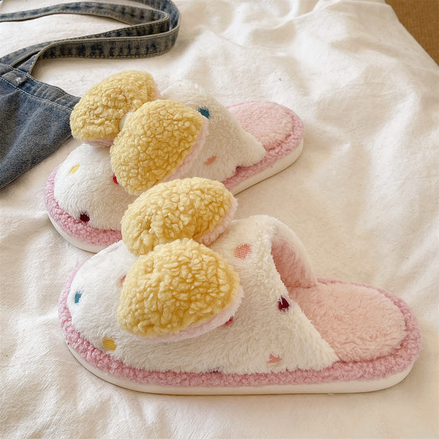 
2025 New Furry Shoes Women's Winter Indoor Home Cute Polka Dot Bow Plush Warm Baotou Cotton Slippers