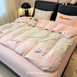 ins Wind Bedding Four-Piece Set Pure Cotton New Bow Tie Duvet Cover Fitted Sheet Bedding Dormitory Three-Piece Set4