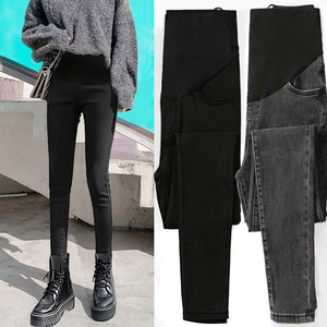 Maternity pants, black small foot bottoming trousers, plus velvet autumn large size denim autumn and winter pants autumn outfit
