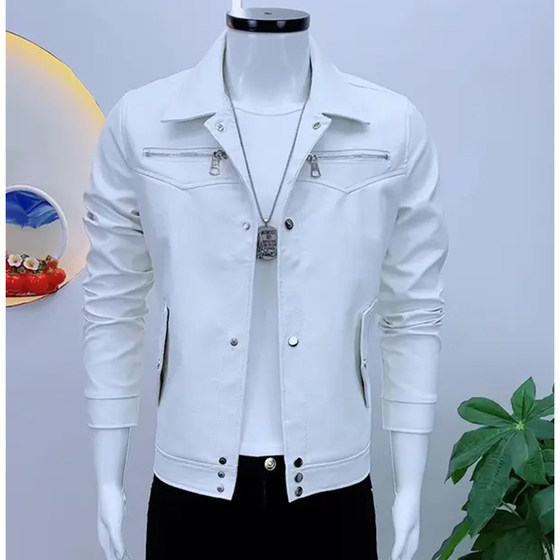 
New men's leather jacket, fashionable Korean style slim short jacket, lapel, casual and handsome trendy brand versatile top