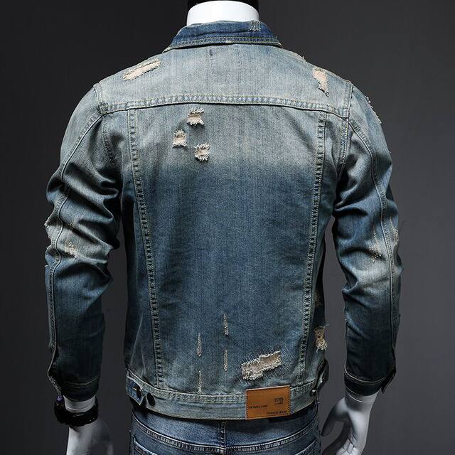 Spring and Autumn Retro Ripped Denim Jacket Men's Casual Trendy Brand ...