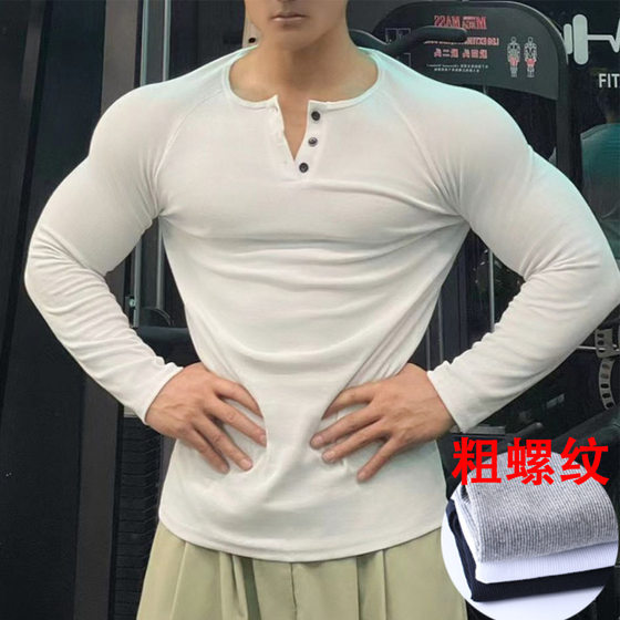 American Henry shirt long-sleeved threaded cotton retro men's tough guy rag-shoulder fitness show big Henry neck T-shirt sweatshirt
