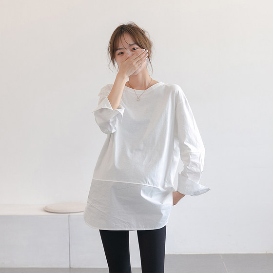 
Shirt sleeve maternity t-shirt spring new style pure cotton shirt loose white long-sleeved bottoming shirt to cover belly top